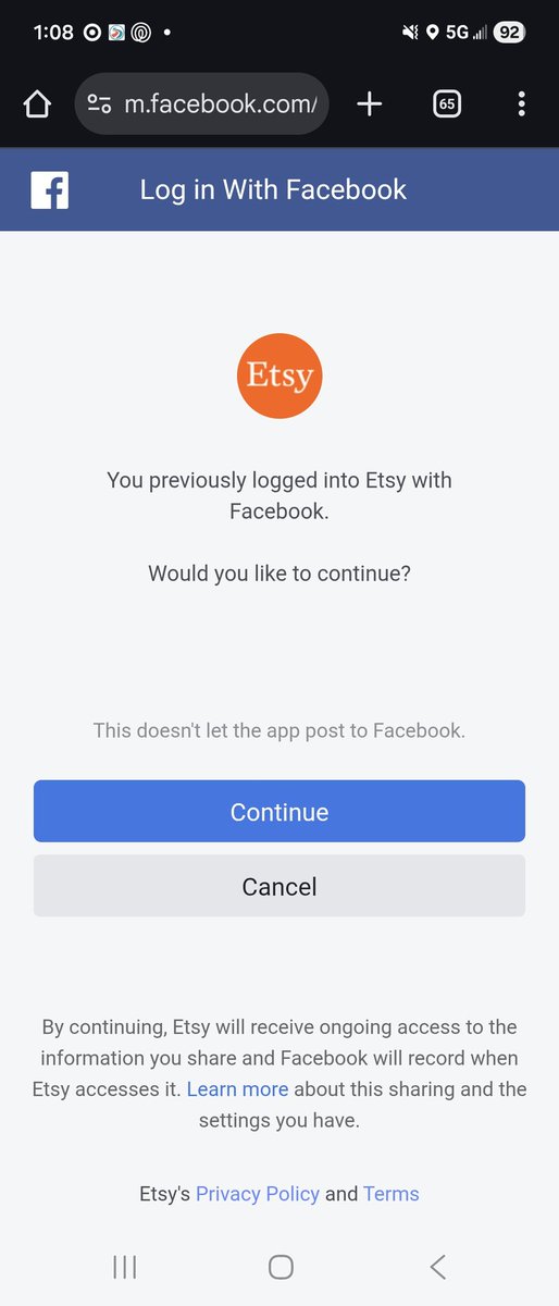 literallylizz's tweet photo. Ive tried to sign into @Etsy the past couple of days with Facebook. The app just keeps saying "Looks like we're having trouble. Want to try again?" Ive tried in the browser and it will bring me to Facebook, but then just back to the login page. https://t.co/80Ezzr7zOn