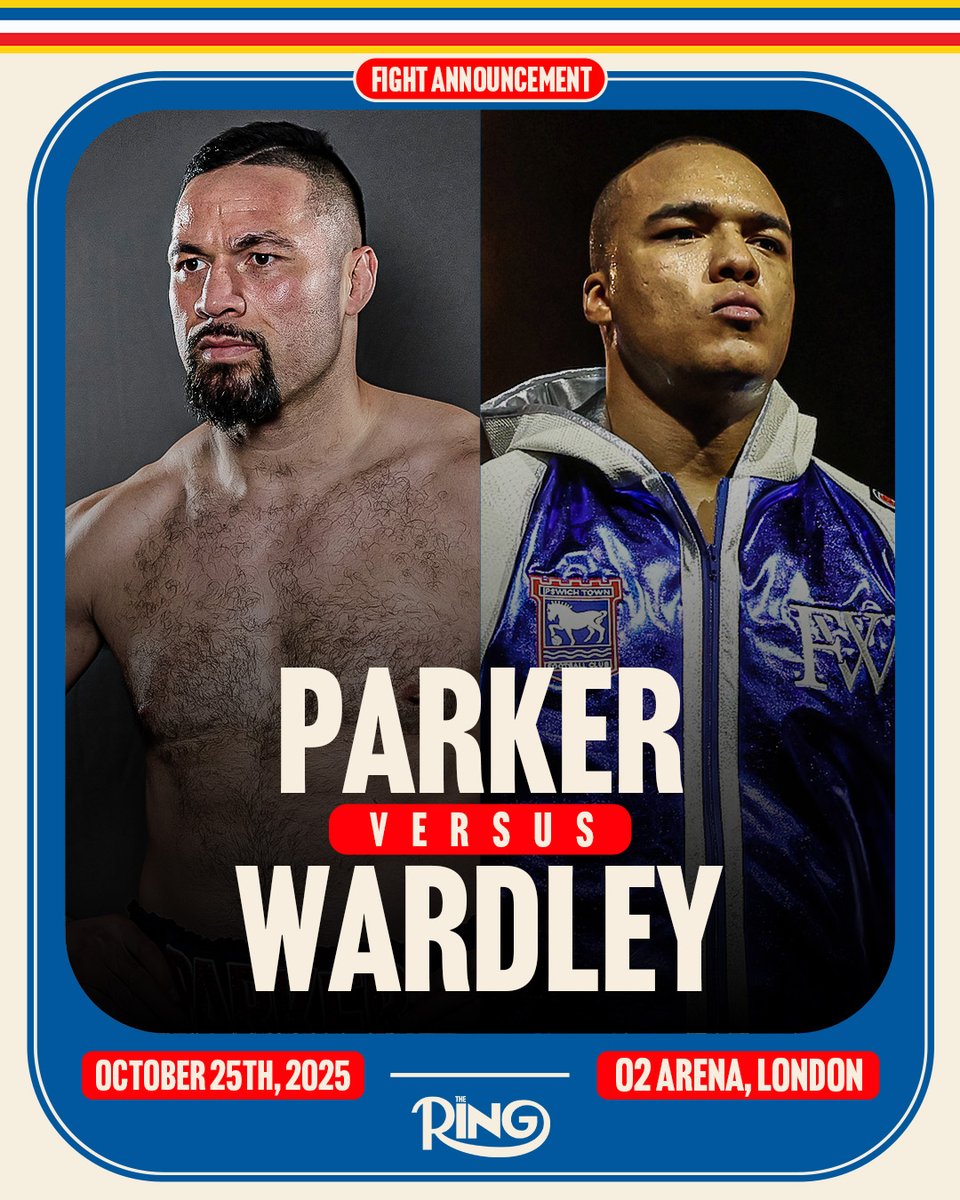 🥊 Announced: Joseph Parker will face Fabio Wardley in a heavyweight clash on October 25th at the O2 Arena, London.