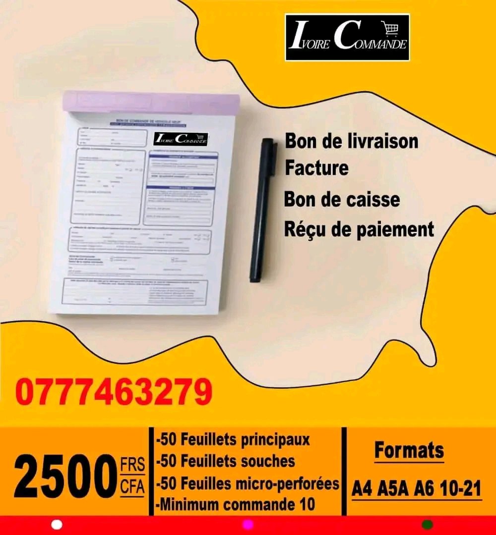 Visuelplus3's tweet photo. Commandez directement en ligne et vous serez livré à domicile ou au bureau. Service client: +2250103355838 - WhatsApp 0777463279

 #Factures
#carnet
#bon 
#caisse
#Comptabilité 
#livraisonrepas https://t.co/yRwVVYdrSj
