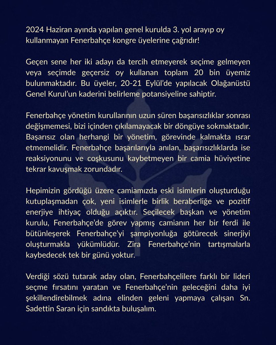Geçen sene sandığa gitmeyen Fenerbahçe kongre üyelerine çağrıdır!