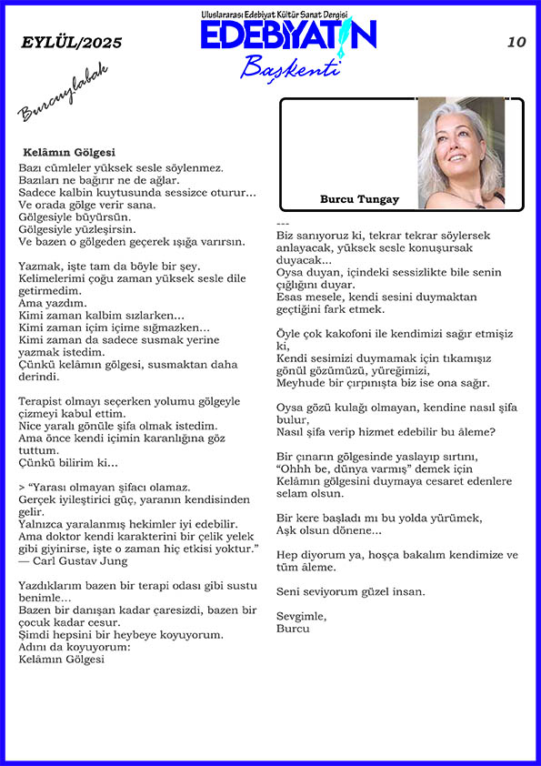 Burcu Tungay, Burcuylabak köşesi ile dergimizde yazmaya başladı: Kelâmın Gölgesi...
edebiyatinbaskenti.com
#deneme 
#makale