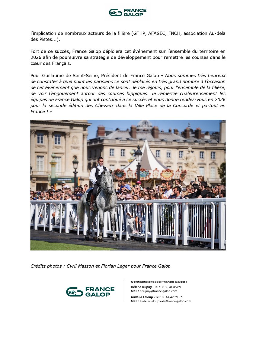 📣 𝗖𝗼𝗺𝗺𝘂𝗻𝗶𝗾𝘂𝗲́ 𝗱𝗲 𝗽𝗿𝗲𝘀𝘀𝗲 : 
Grand succès populaire pour « LES CHEVAUX DANS LA VILLE », Place de la Concorde
Plus de 35 000 visiteurs en 2 jours !
➡️Reconduction de l’événement en 2026⤵️