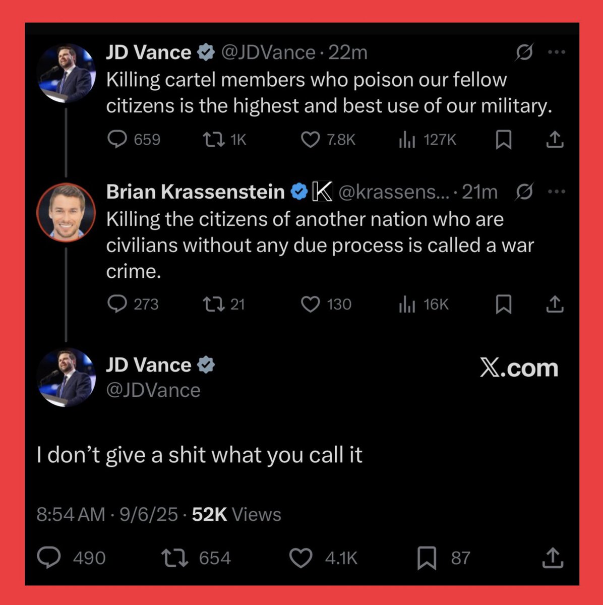 BREAKING: JD Vance has made it clear he doesn’t GIVE A SHIT about international law, or about the 11 civilians he murdered without any judicial proceedings.

Also the "Best use of our military" was winning the Revolutionary War, ending Slavery and ending WWII, not murdering 11