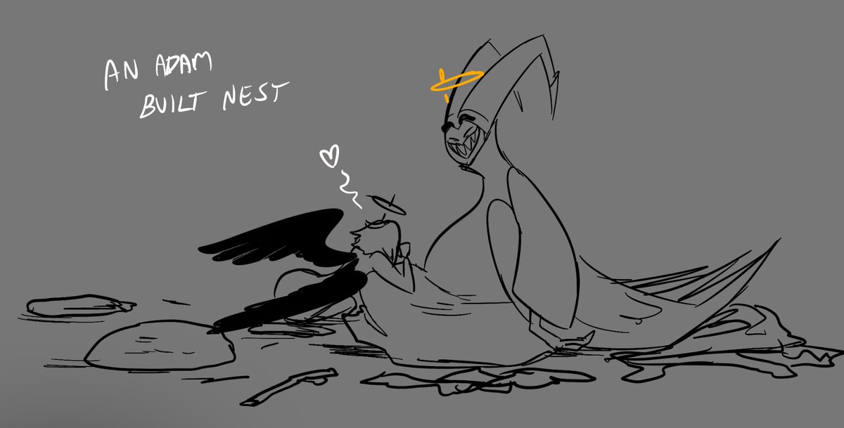Adam builds lazy pigeon nests. They’re barely nests. More a smattering of items and cushions in a vague circular pile. 

Yet, his nest still entices over his woman

#hazbinHotelAdam #HazbinHotel #GuitarSpear