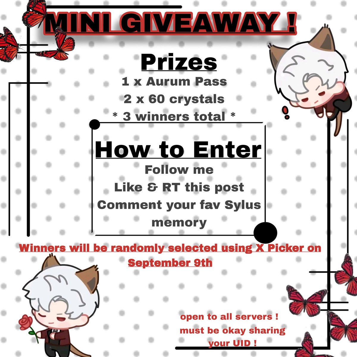 hi ! i’m hosting my first ever mini-GA in celebration of FINALLY getting a sylus solo. 

1 x aurum pass
2 x 60 crystals pack

everyone is welcome to join, just be sure to read everything before doing so 😌

thank you and good luck !