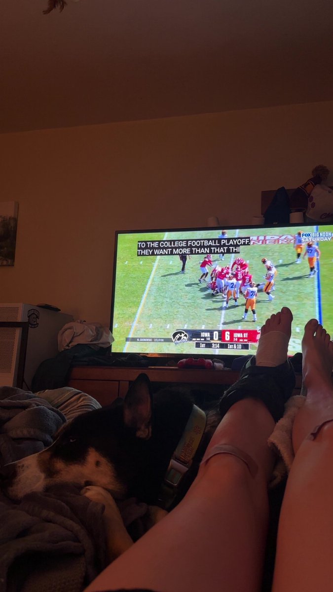 Katkling's tweet photo. Last night, I took a run with my dog around Jack Trice Stadium. As I was trying to catch a glimpse of the @BNKonFOX setup, I failed to realize the sidewalk was ending and fell ungracefully off the curb. Result: sprained ankle. I’m now watching the #Cyhawk game at home. 😞 https://t.co/PtNZpJ1gaB