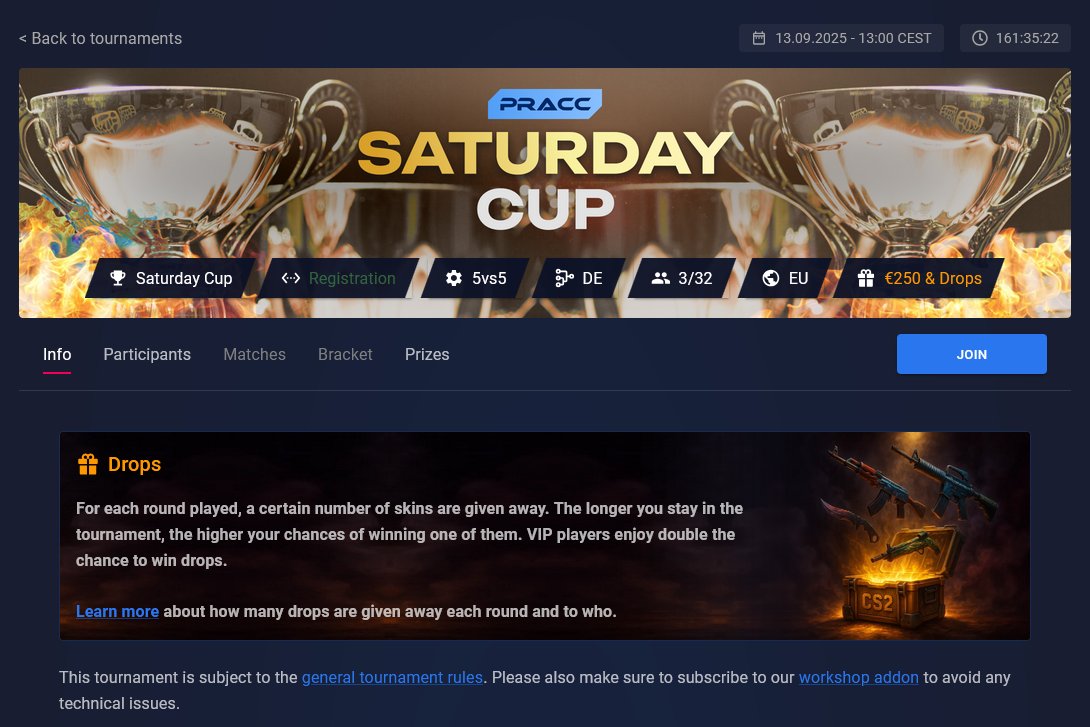 Saturday – 13.09.2025 – 13:00 CEST 👇

✅ €250 in cash prizes
✅ Additional skin drops each round
✅ PRACC Anti-cheat enabled
✅ Best-of-3 final

Get your team together and give it your best this weekend in our PRACC Saturday Cup!

🔗pracc.com/play/tournamen…