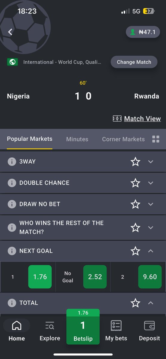 Wanna bet on Nigeria to score the next goal in the match. I believe the odds on Bet9ja is worth it.
From experience do you think Super eagles is worth that risk ?