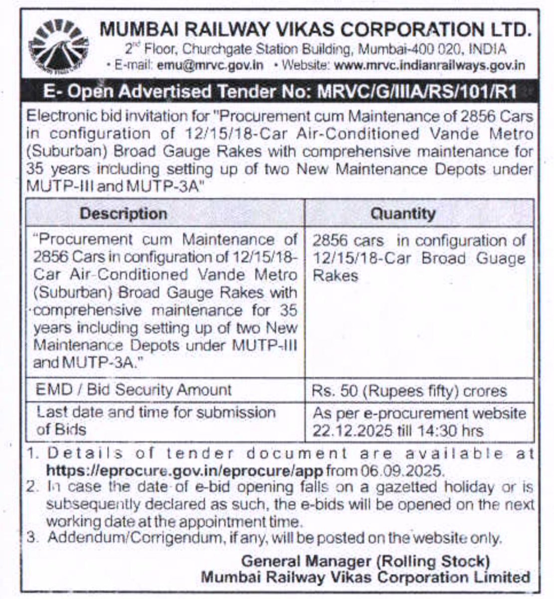 ImAbhi5200's tweet image. 🚆 MRVC floats tender for 2,856 AC coaches with a reserve price of ₹50 crore – a major leap towards modernizing Mumbai Suburban Rail!
#MRVC #MumbaiRail #Infrastructure #Railways #UrbanTransport