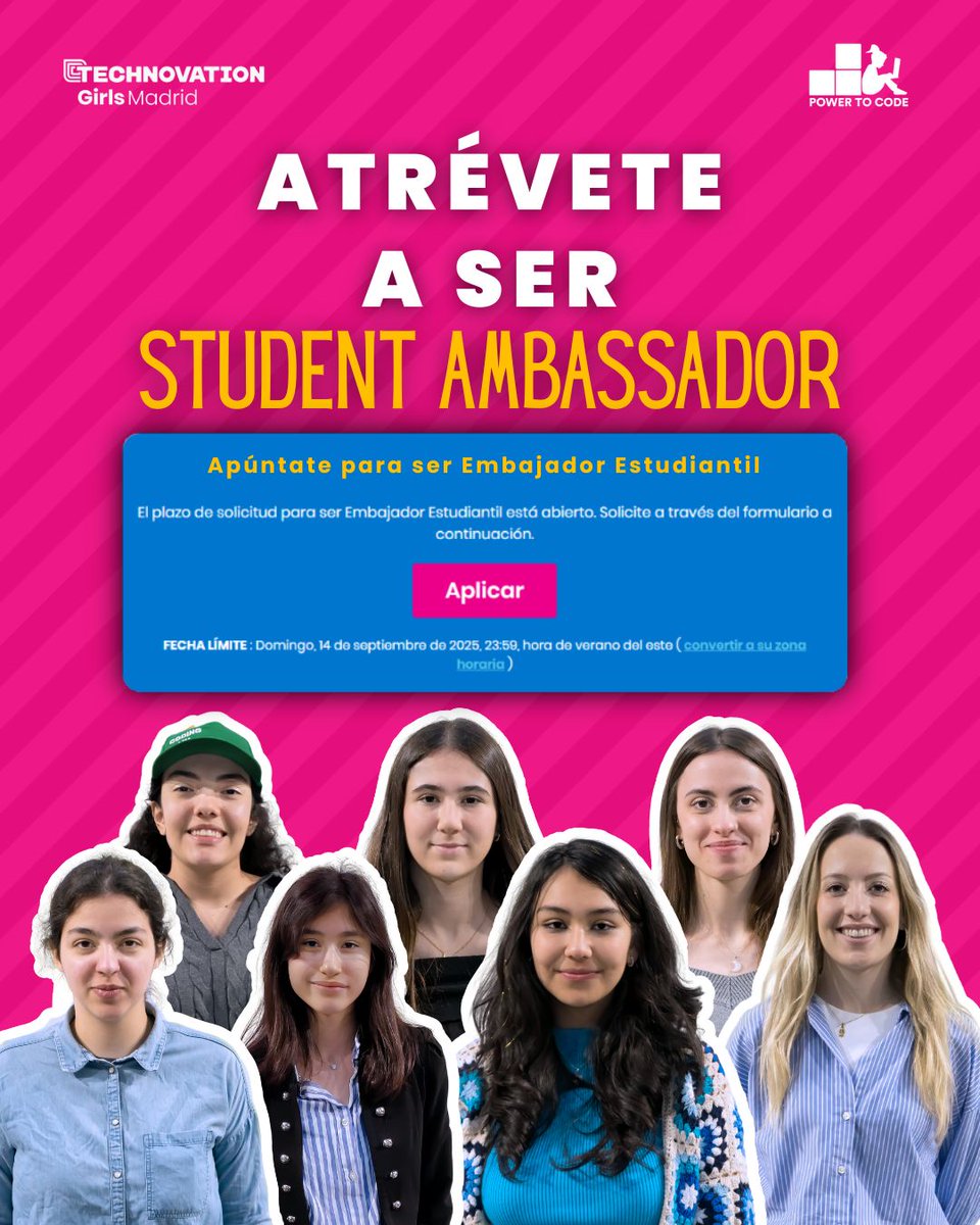 TechnovationMad's tweet image. 🌍 ¿Tienes 13-18 años y ya participaste en #TechnovationGirls?
Da un paso más 👉 inscríbete como Student Ambassador y transforma tu experiencia en inspiración para otras chicas en STEM. 🚀👩💻
📅 Hasta el 14/09
🔗 techchalstage.wpengine.com/get-involved/s…
#PowerToCode