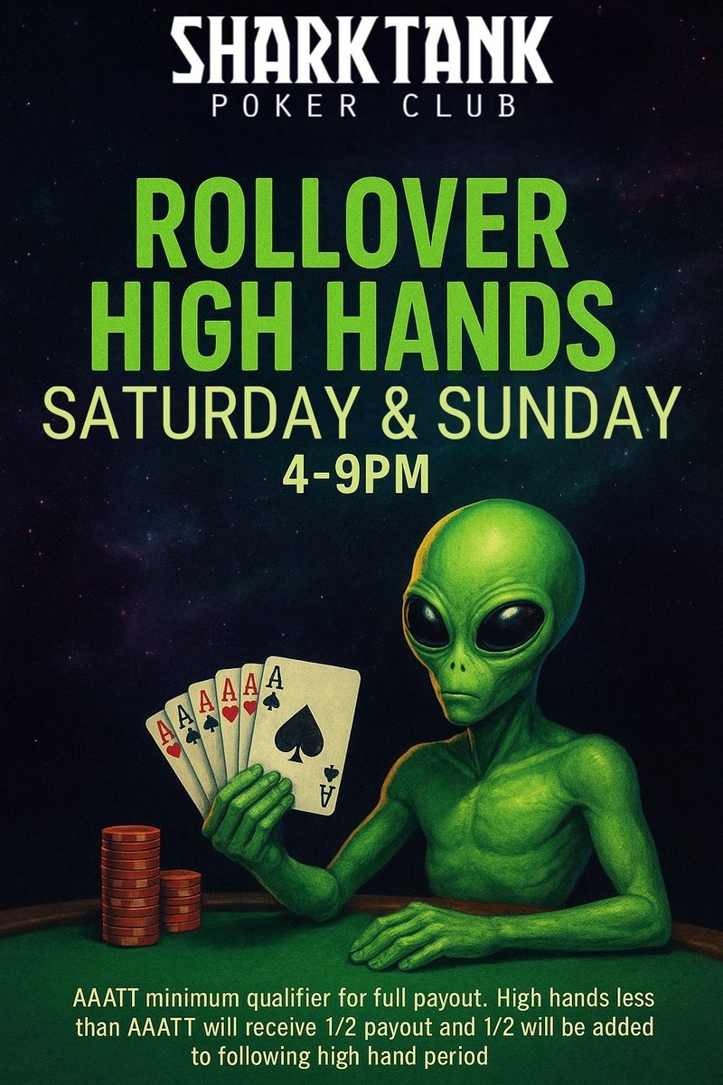 💰💫Action orbiting the Shark all day! 🦈🚀
🌟👩🏼‍🚀 Tournament satellites (1pm &amp; 6pm)♣️
🪐 🪬Rollover high hands (4pm–9pm)✨🔮 
👽💲15/30 dealers choice mix @ 2pm🃏☄️

📈The cards are flying — don’t miss out! 🌌