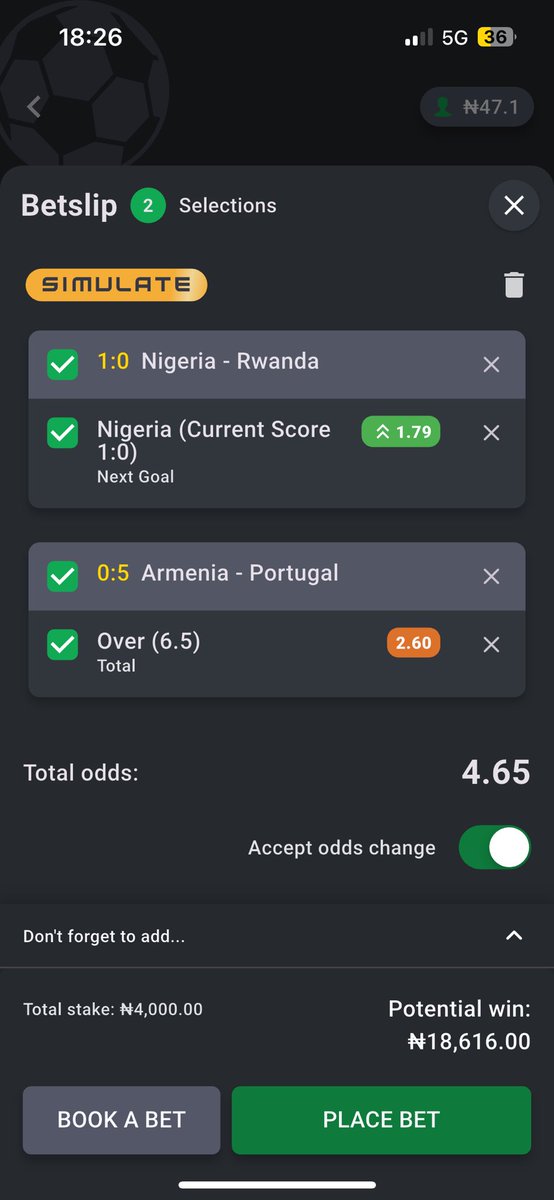 Sweet 4 odds on Bet9ja.

Nigeria to score the next goal.
Portugal game to play over 6.5 (Ronaldo has been substituted) but I think the other boys are up to the challenge.