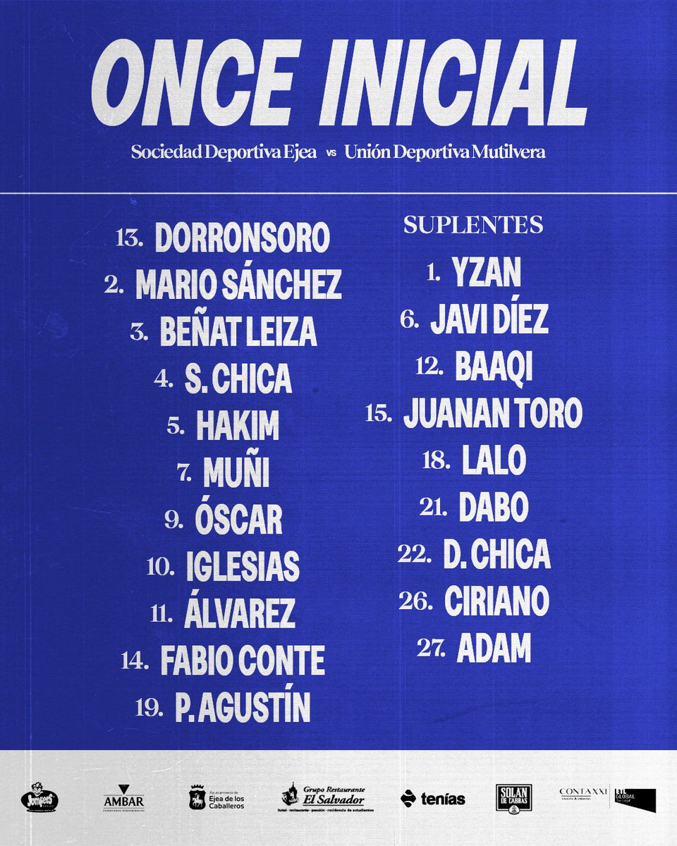 ⚽️𝐒𝐃 𝐄𝐣𝐞𝐚 - 𝐔𝐃 𝐌𝐮𝐭𝐢𝐥𝐯𝐞𝐫𝐚⚽️

Primer once titular de Luso Delgado💥

¡Media hora para que ruede el balón! ¡Media hora para que comience la 25/26!🤩🥹

¡VAMOS EQUIPO! ¡AÚPA EJEA! 💪🔵⚪️

#EjeaMutilvera #EstoesLuchán💙