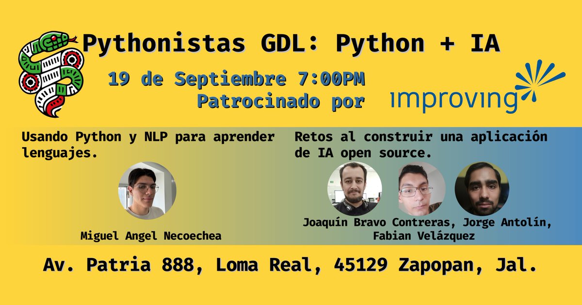 🐍🤖 Pythonistas GDL: Python con IA 🤖🐍

Estas invitado !

⏰ 6:30 PM - Recepción 
🎯 7:00 PM - Inicio puntual 
🤝 9:00 PM - Networking
⚠️ REGISTRO OBLIGATORIO - Tu nombre debe estar en la lista del lobby para ingresar al edificio 🔗 Regístrate YA: eventos.pythonistas-gdl.org/signup/5