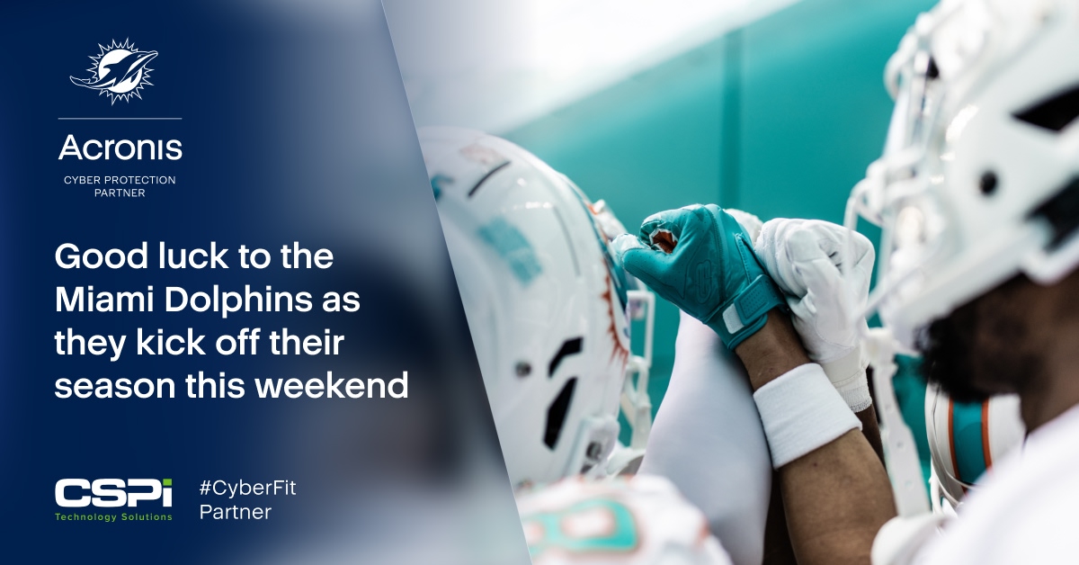 Acronis's tweet image. Our #TeamUp partners @MiamiDolphins are ready to make waves this weekend as they kick off their season!🌊 Thanks to @CSPiTechSol, our #CyberFit Partner, the Fins are protected on all fronts and can focus on bringing their A-game this season.