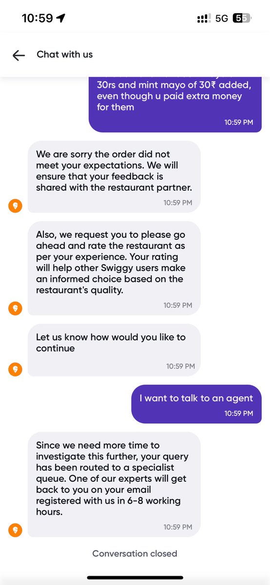 NC9160's tweet photo. Pathetic behaviour of @Swiggy as they don’t provide resolutions now just default words. This has happened many time now. Just auto rely and no resolution #swiggyscam #Swiggy https://t.co/OHLOyoijvD
