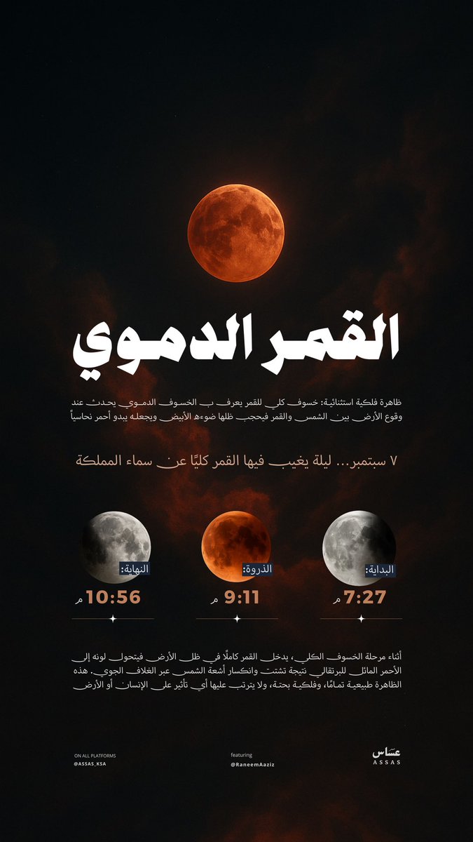 سماء السعودية تشهد غداً ظاهرة القمر الدموي خسوف كلي للقمر يظهر فيه بلون أحمر داكن نتيجة مرور الأرض بين الشمس والقمر

#خسوف_القمر