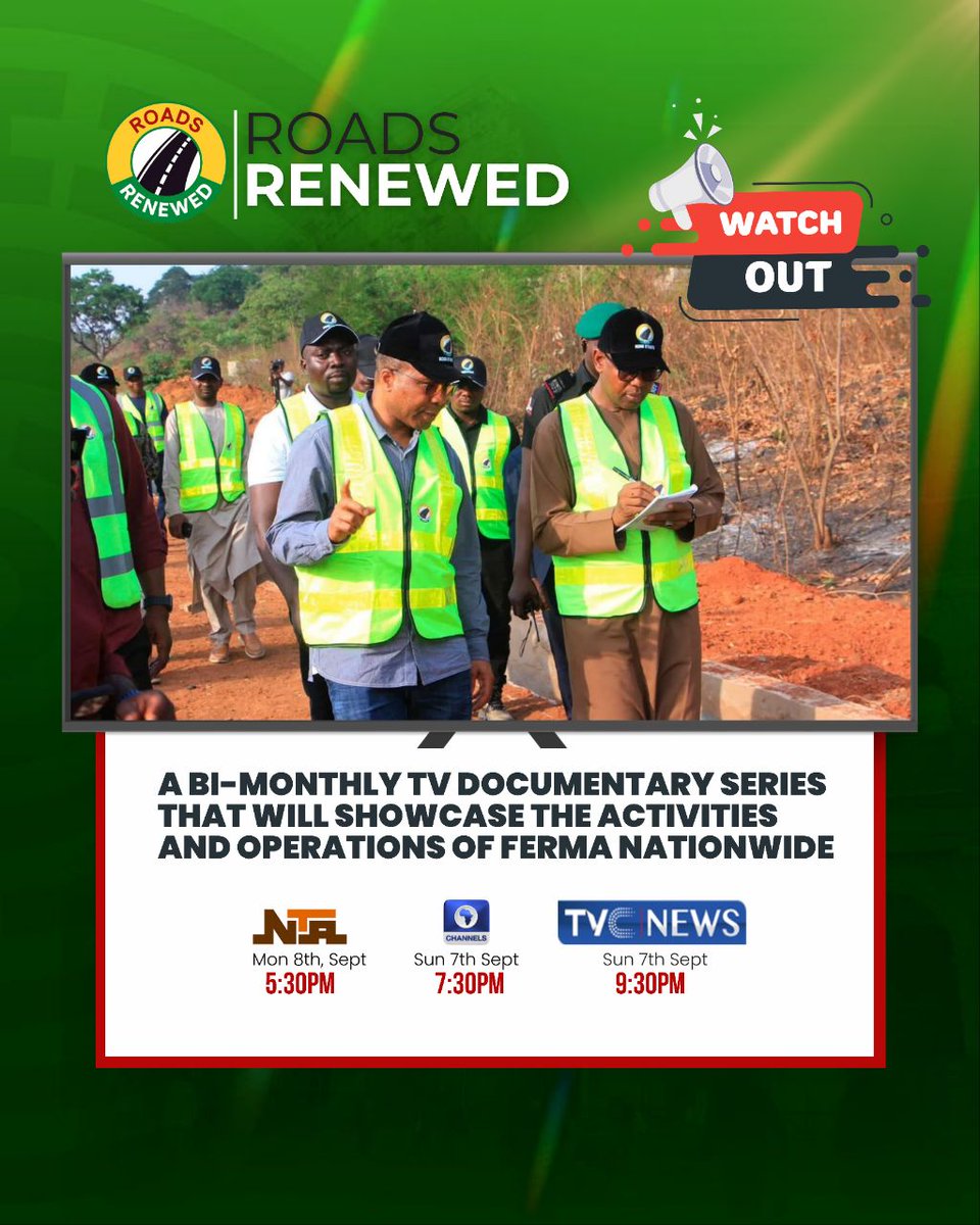 Tune in to a new edition of “Roads Renewed”, FERMA’s bi-monthly documentary series. 

Airing on:
Channels TV – Sunday, 7th Sept at 7:30PM
TVC News – Sunday, 7th Sept at 9:30PM
NTA – Monday, 8th Sept at 5:30PM