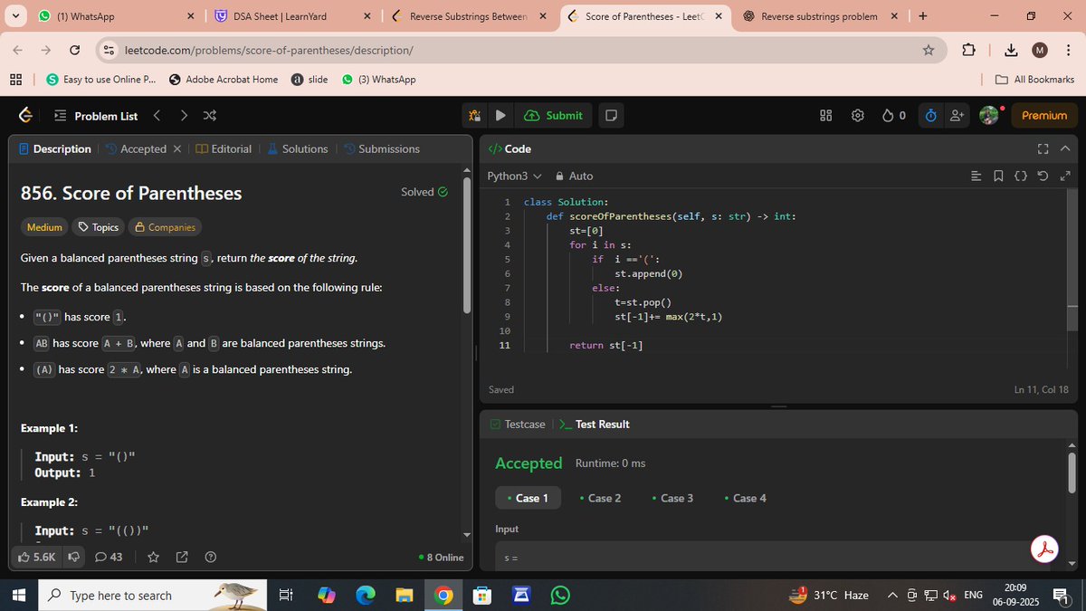 d_isha2003's tweet image. ✅ Day 44 of #60DaysOfCode
Today I solved LeetCode 856: Score of Parentheses 🎯
🔹 Learned how to handle balanced parentheses using a stack-based approach
Excited to keep building consistency and solving tougher problems 💪
#LeetCode #Python #DSA #ProblemSolving #CodingJourney