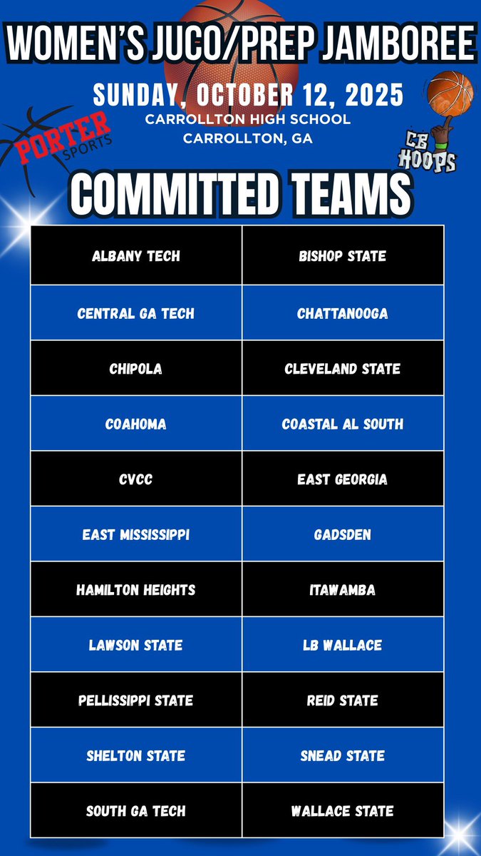 🚨 Women’s JUCO/Prep Jamboree 🚨
📅 Sunday, Oct 12, 2025
📍 Carrollton HS | Carrollton, GA

🔥 20+ committed teams including:
Albany Tech • Chipola • Shelton State • Wallace State • Chattanooga • Hamilton Heights + more!

🏀 Powered by CB Hoops &amp; Porter Sports