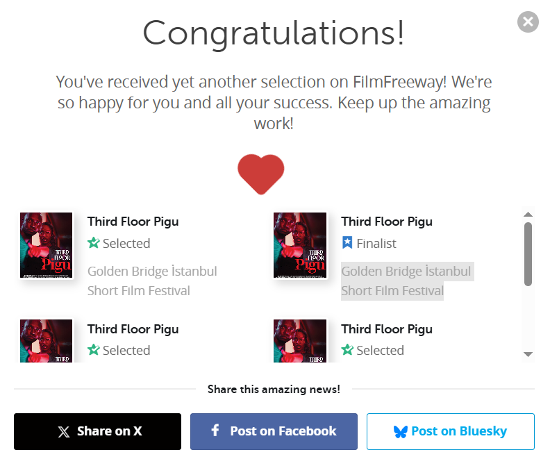 We are pleased to announce that #ThirdFloorPigu has garnered five selections from the Golden Bridge İstanbul Short Film Festival, marking its 70th official festival recognition via FilmFreeway.com. This accomplishment positions our film as the most extensively selected