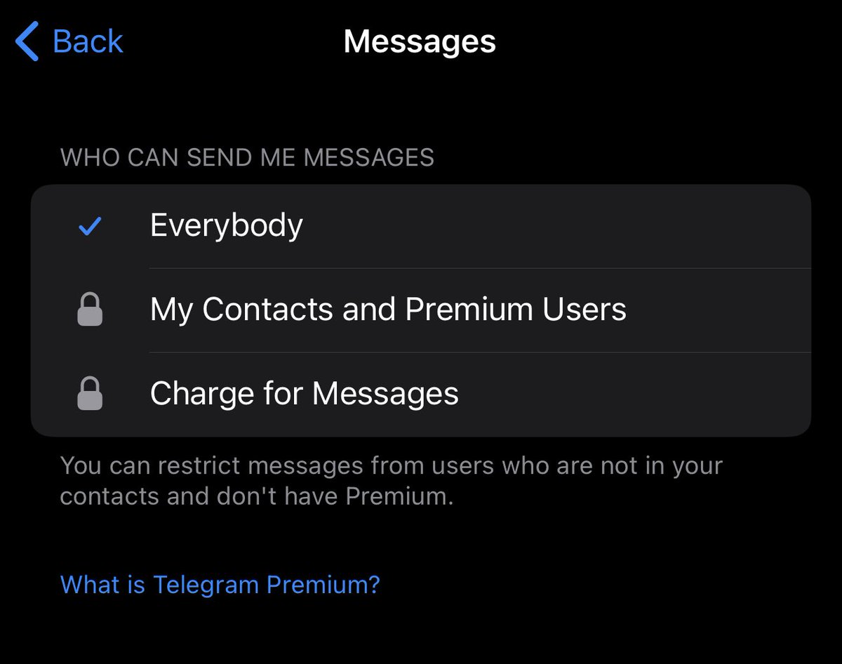aikarjal's tweet image. I&apos;ve had 4 spammers send me messages today on @telegram , so I decided to go and finally tweak my privacy settings. Just to find that blocking randoms from sending you messages is a premium feature on Telegram. Awesome monetization model. Smh