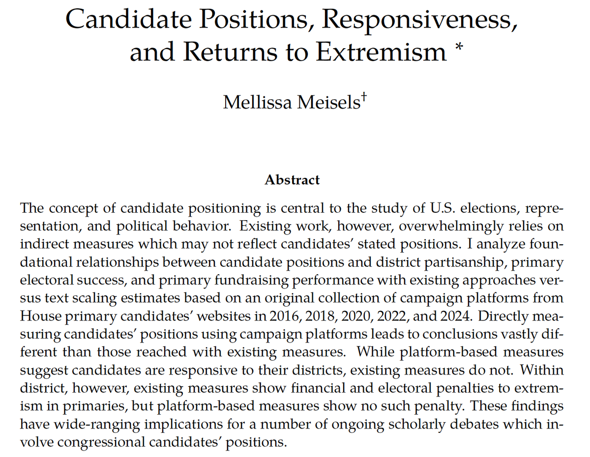 Mellissa Meisels (@mellissameisels) on Twitter photo Delighted to discover that "Candidate Positions, Responsiveness, and Returns to Extremism" is now available online <a href="/The_JOP/">Journal of Politics @jop@sciences.social</a> 🧵
Gated: journals.uchicago.edu/doi/10.1086/73…
Ungated: mellissameisels.com/files/MM_PCPC.… Delighted to discover that "Candidate Positions, Responsiveness, and Returns to Extremism" is now available online <a href="/The_JOP/">Journal of Politics @jop@sciences.social</a> 🧵
Gated: journals.uchicago.edu/doi/10.1086/73…
Ungated: mellissameisels.com/files/MM_PCPC.…
