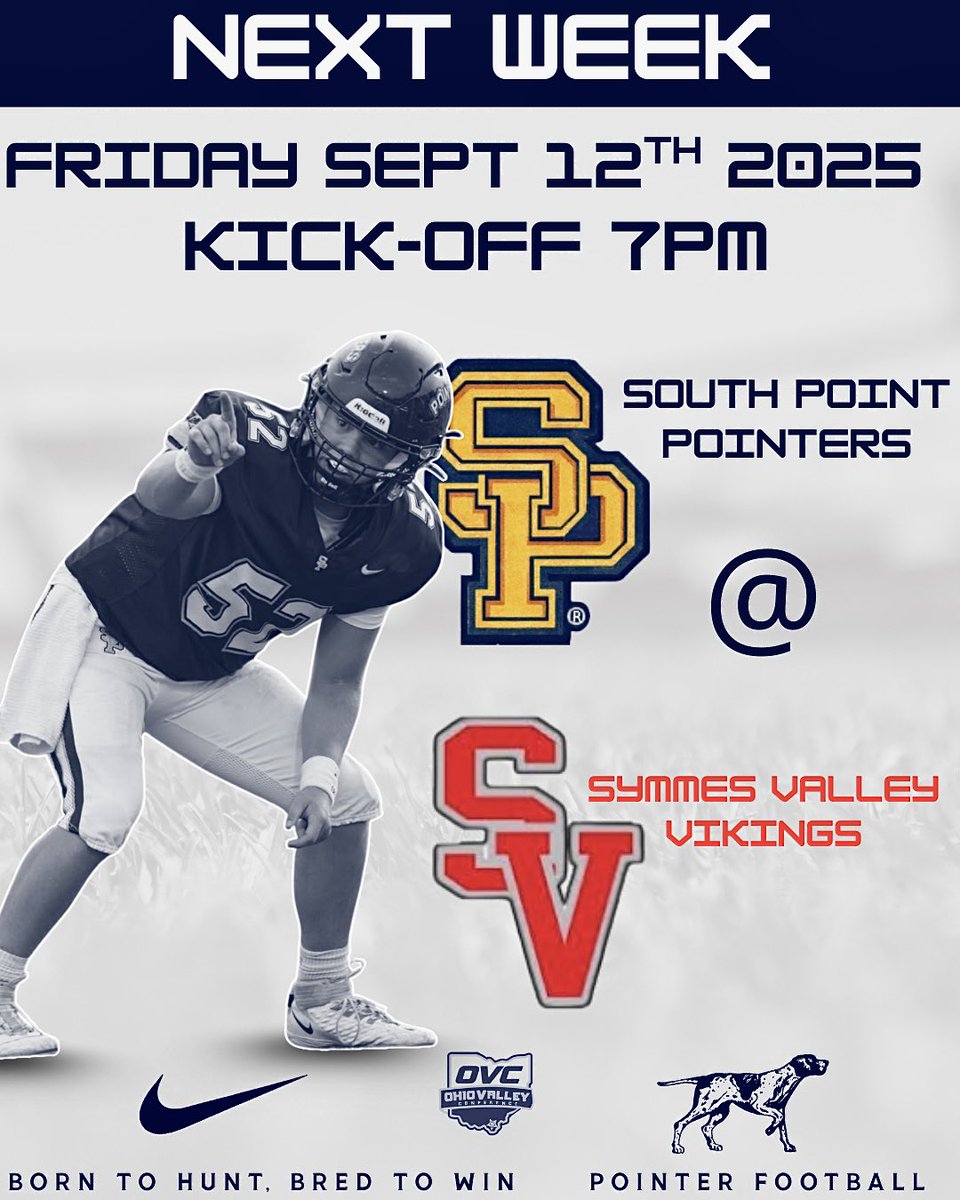 🚨 NEXT WEEK’S BATTLE 🚨
Your South Point Pointers are hitting the road to take on the 3-0 Symmes Valley Vikings in a showdown you don’t want to miss! ⚔️🏈

This is a statement game, and we need ALL of Pointer Nation to pack the stands, get LOUD, and show everyone that South
