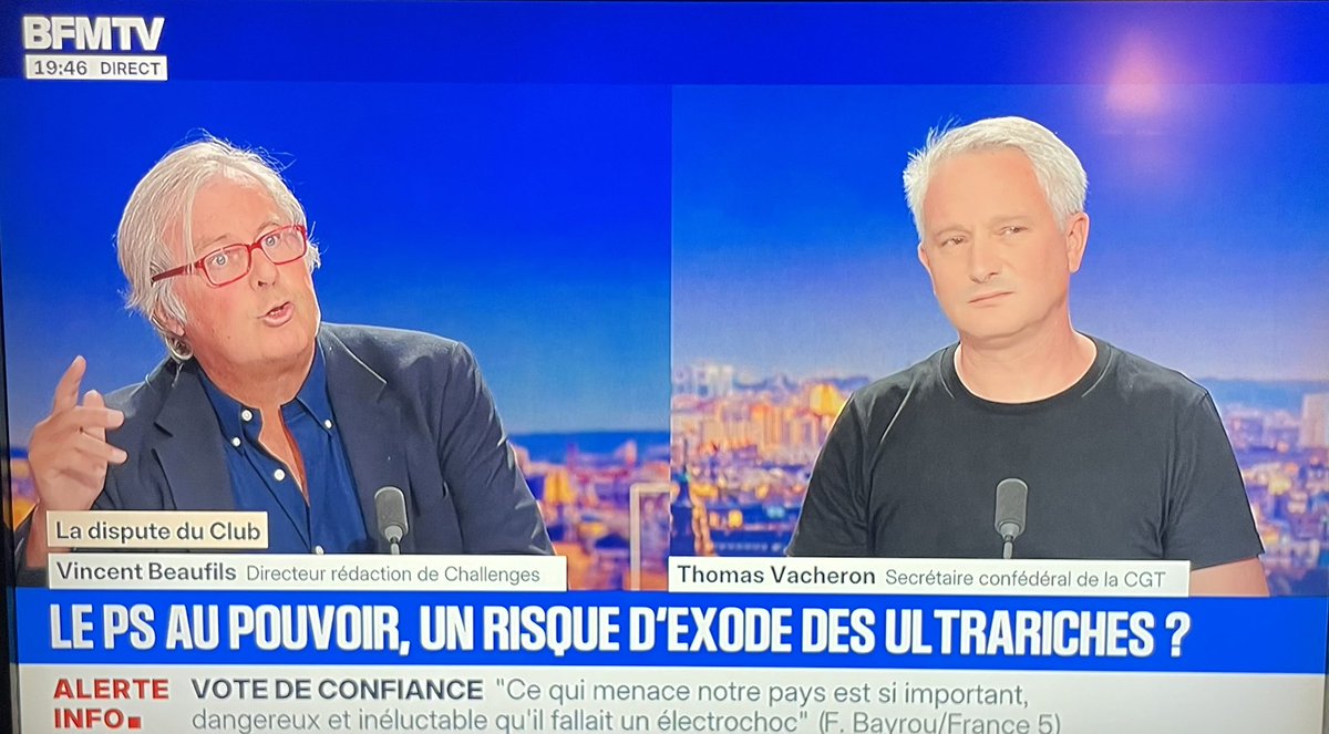 ldupin's tweet image. Sur @bfmtv, V. Beaufils directeur de @Challenges: « les français ils veulent que leur salaire augmente, le mien compris »… T. Vacheron @SyndicatCgt recadre: « le salaire médian est de 2200 euros, le votre doit être différent… ». Combien gagne un dirlo de presse ? 🤔 #mediabug