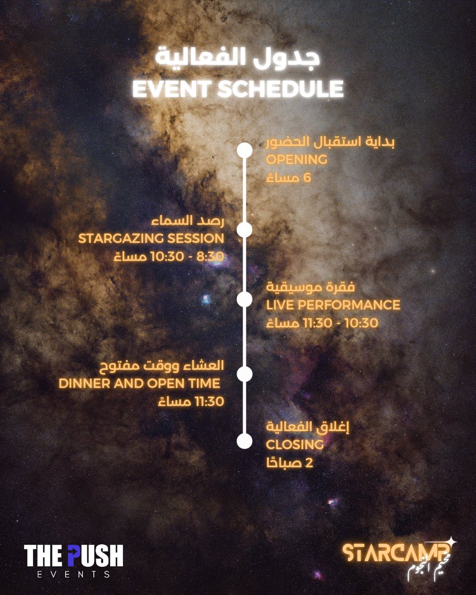 ThePushEvents's tweet image. مخيم النجوم ينتظركم 🌌💫
فرصة مميزة لرصد مركز مجرة درب التبانة الرائع بأعينكم!
سجلوا الآن مع أصحابكم واحصلوا على خصم خاص للمجموعات!

رابط التسجيل: thepushevents.com/ar/VDaombp