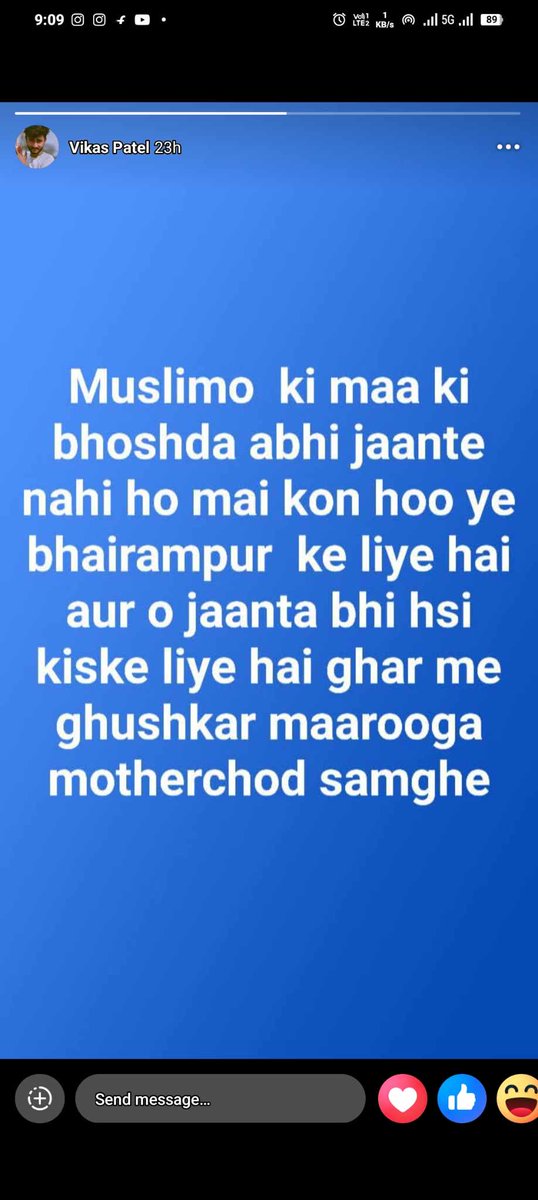 Juber_Ashraf's tweet photo. @Uppolice कृपया मामले को संज्ञान में ले 
विकास पटेल नाम का एक युवक फेसबुक पर मुस्लिम समाज को गंदी गंदी गाली दे रहा है और मारने की धमकी दे रहा है 

#UPPolice https://t.co/LS7Je0TwcQ