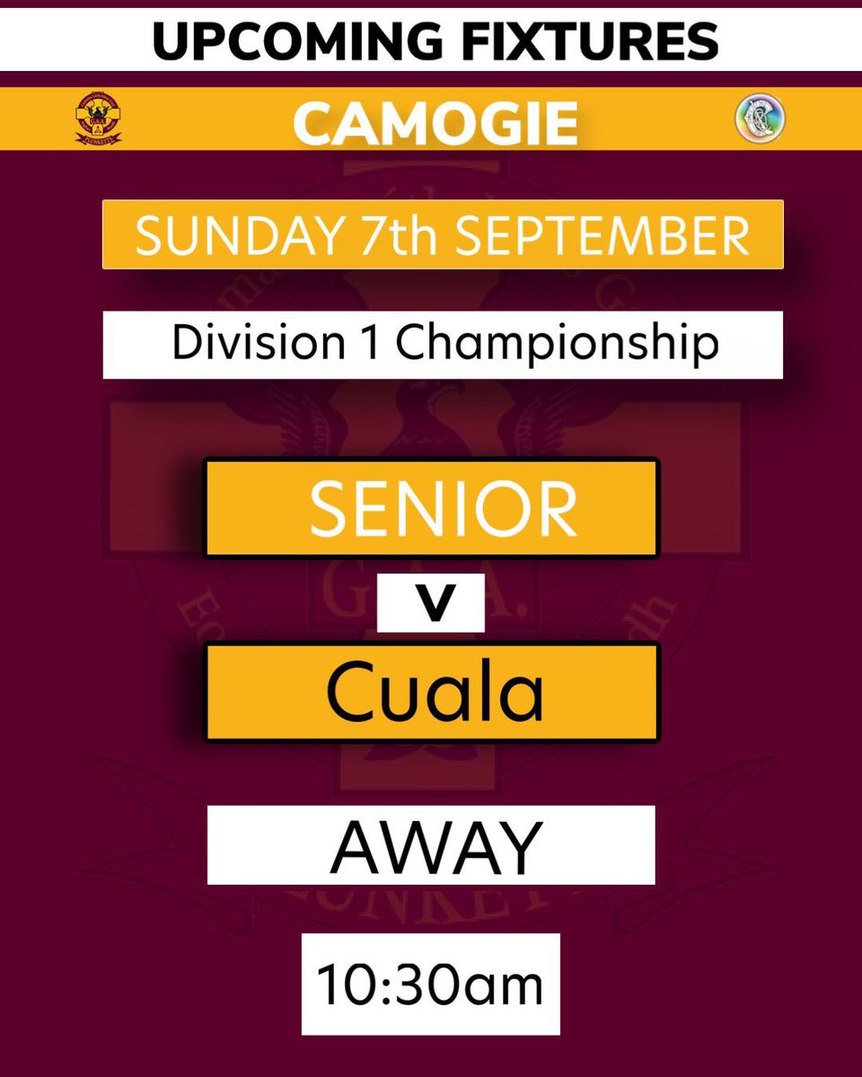 Senior Camogie  championship game away tomorrow morning. 

Senior 1 championship 

🆚 <a href="/CualaCLG/">Cuala GAA</a> 
📅 Sunday, Sept 7th
📍 Away, Cuala
🕥 10:30

Best of luck to the team and management. They would appreciate your support. 👏👏