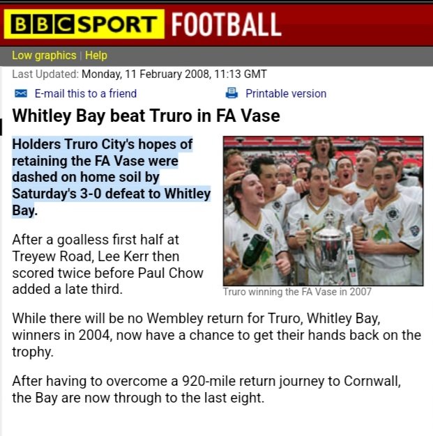 Matthew Peak (@matpeak) on Twitter photo <a href="/MenInBlazers/">Men in Blazers</a> Not true. <a href="/WhitleyBayFC/">Whitley Bay FC</a> played Truro away in FA Vase in 2008. Longer trip than Truro-Carlisle.
Good shout still for Truro. Chatted to some of them at last night's match, Carlisle City v Whitley Bay <a href="/MenInBlazers/">Men in Blazers</a> Not true. <a href="/WhitleyBayFC/">Whitley Bay FC</a> played Truro away in FA Vase in 2008. Longer trip than Truro-Carlisle.
Good shout still for Truro. Chatted to some of them at last night's match, Carlisle City v Whitley Bay