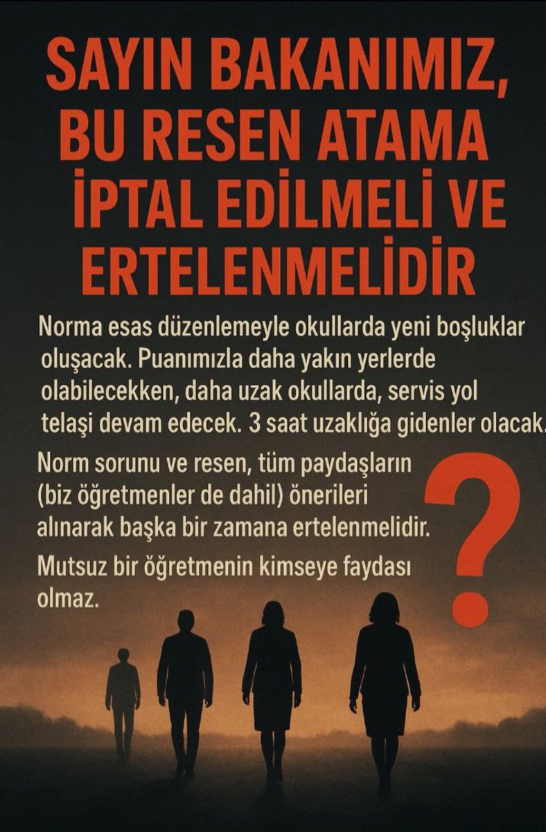 #ResenleAilemeDokunma
Atandığımız okulun 
❌ Servisi yok
❌ Toplu taşıma imkanı yok
❌ Özel araçla gitmek için mesafe uzun
❌Lojman imkanı yok
❌ Öğle yemeği yiyeceğimiz yer yok. Bizler yorulduk ! Tükendik !
Bu ısrar neden ? 
<a href="/RTErdogan/">Recep Tayyip Erdoğan</a> <a href="/EmineErdogan/">Emine Erdoğan</a> <a href="/Yusuf__Tekin/">Yusuf Tekin</a> <a href="/NumanKurtulmus/">Numan Kurtulmuş</a>