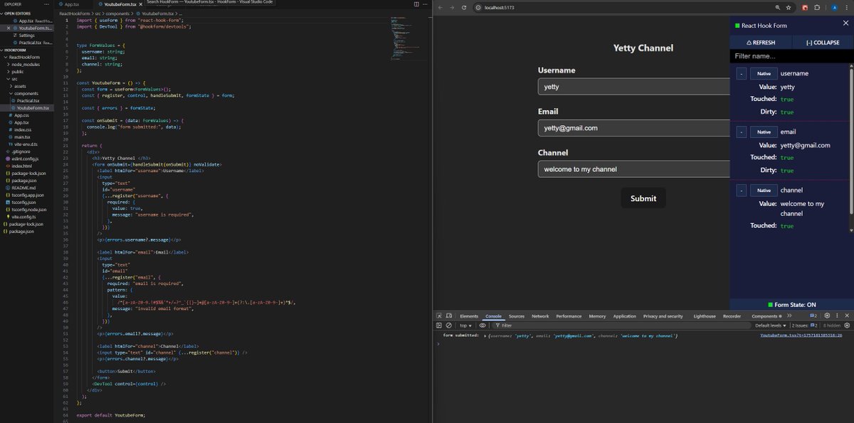 AfolabiYetty's tweet image. This snippet creates a React form with React Hook Form and TypeScript, defining typed fields, validation, error handling, and DevTool for debuggin #javascript #JavaScriptDaily #100DaysOfCode #fullstack #reactnative #react #coding #convex #mobiledev #softwaredevelopment #WebDev