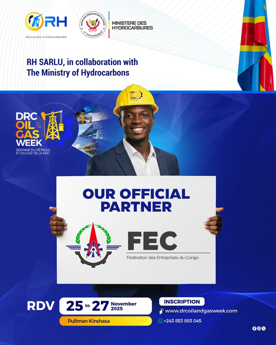 rh_sarlu's tweet photo. RH SARLU a l'honneur de vous annoncer que la Fédération des Entreprises du Congo (FEC) est son partenaire officiel dans l'organisation de la DRC OIL &amp; GAS WEEK 2025, le rendez-vous majeur consacré à l'avenir du pétrole et du gaz en République Démocratique du Congo.
#Kinshasa https://t.co/JF88Njn2v8