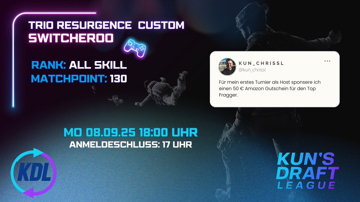 🎮 I @KunsDraftLeague Switcheroo 
📅 | Montag, 08. Sep 2025 – Start 18:00 Uhr, Anmeldeschluss 17 Uhr
💸 | Entry: 15 € Pros | 10 € Challenger | 7,50 € Casuals
⚔️ | All Skill – jeder ist willkommen
🇩🇪 | Deutschsprachiges Turnier

👇 Kommentiere für das Anmeldeformular 👇