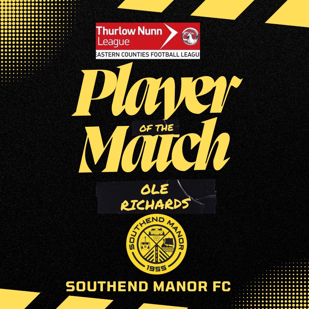 PLAYER OF THE MATCH | OLE RICHARDS  👏

Ole Richards was a rock at the back. Incredible reads, vital tackles, and unmatched commitment earned him the coaches’ top praise! 🟡⚫️ 

#SouthendManorFC #UpTheManor #DefensiveWall