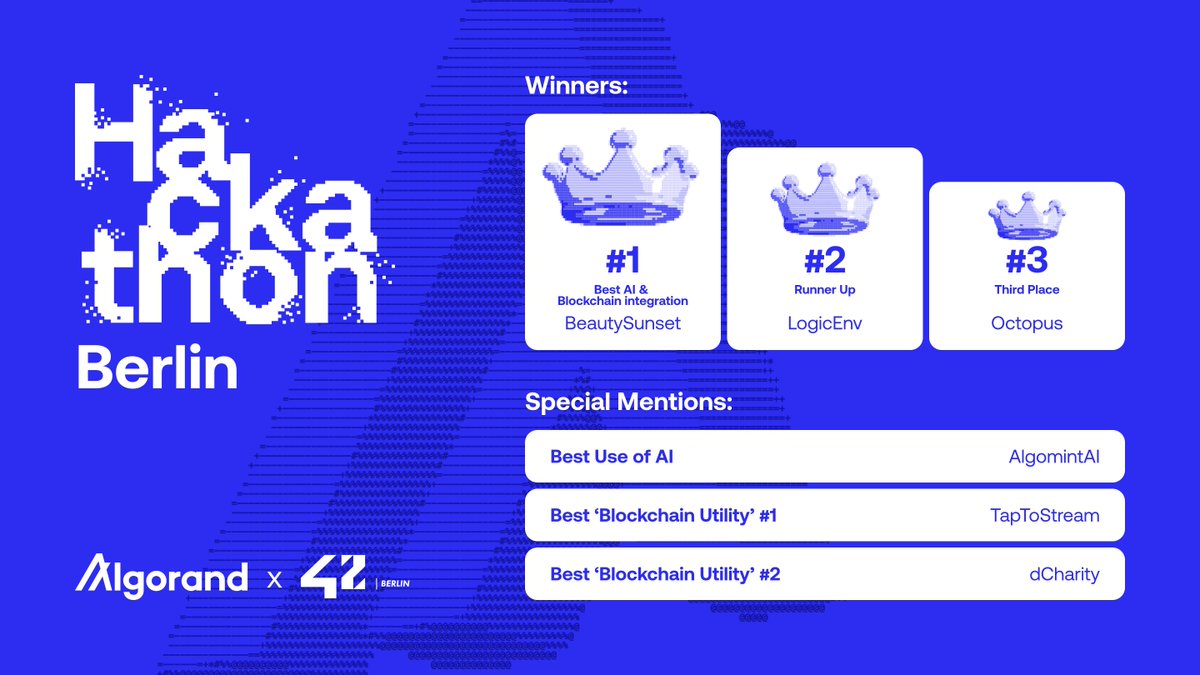 algodevs's tweet image. Our Berlin hackathon with @42_berlin at @w3_hub has concluded, and we have a great list of winners!
🥇 BeautySunsent
🥈 LogicEnv
🥉 Octopus
Special Mentions:
🤖 Best Use of AI - AlgomintAI
⛓️ Best Blockchain Utility #1 - TapToStream
⛓️ Best Blockchain Utility #2 - dCharity
🧵