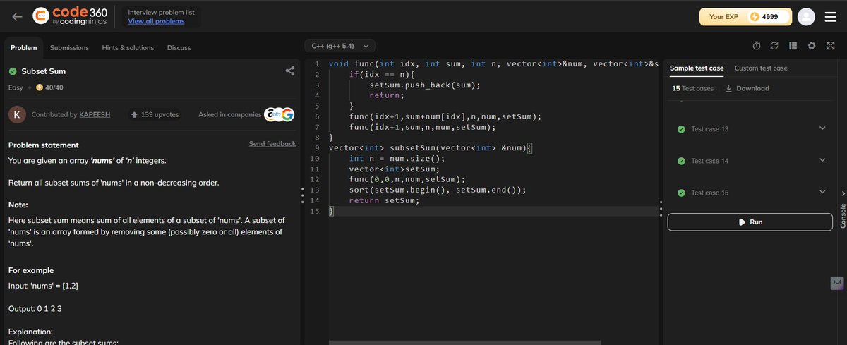 Uday246r's tweet image. Day 55
Solved Subset Sum 1 on Coding Ninjas
Learned how recursion explores all possible subsets and builds the sum step by step. A solid exercise in backtracking & problem breakdown!
#DailyCode #CodingNinjas #DSA
