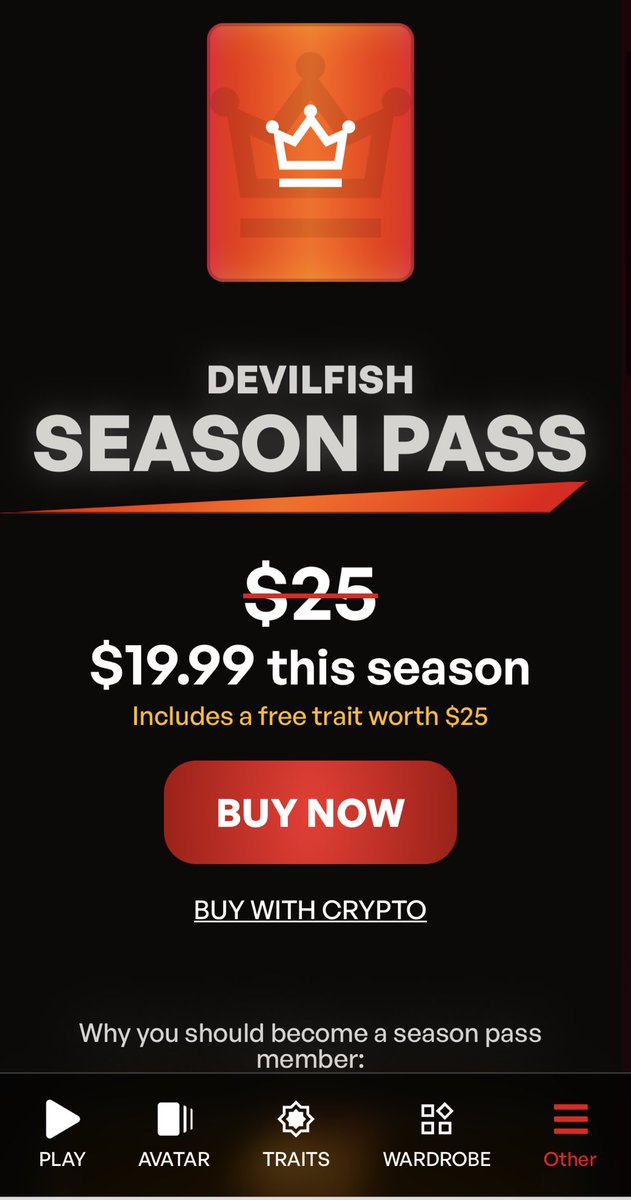 Devilfish Season 1

Season Pass ONLY members can participate👀

$2,000 GTD + 5% of all sales🔥

How to climb the leaderboard:
•Promote us on X
•Mint &amp; hold traits &amp; NFTs
•Grind to rack up points
•Win games

For full list of rules, join our discord. 

Example: If one player
