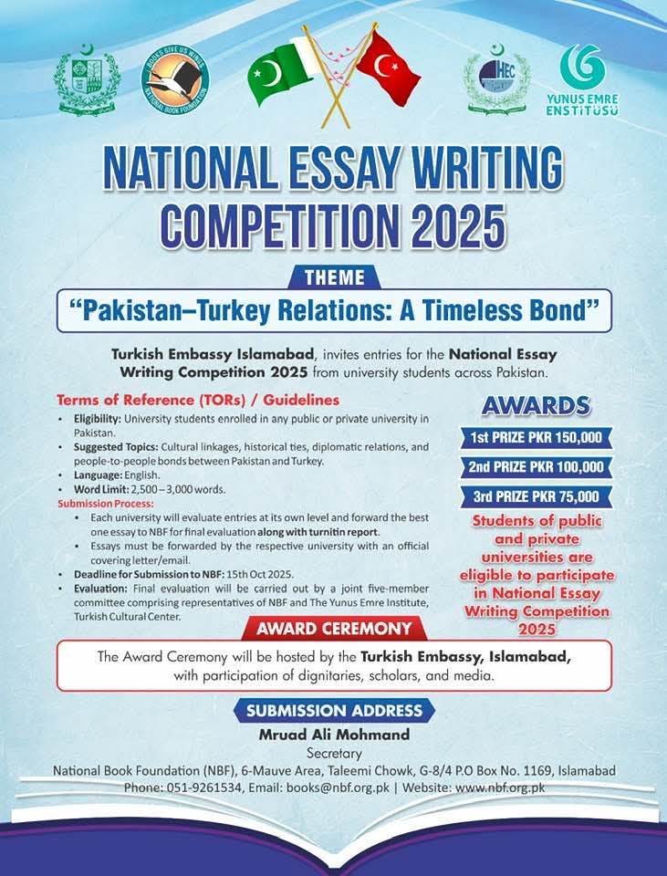 ✍️ Write, express &amp; win
Students of <a href="/wuajk2/">Women University of AJ&K Bagh</a> , join the National Essay Writing Competition 2025 📷. 📷 Theme: Pakistan–Turkey Relations: A Timeless Bond 📷 Deadline: 15 Oct
<a href="/hecpkofficial/">HEC Pakistan</a>