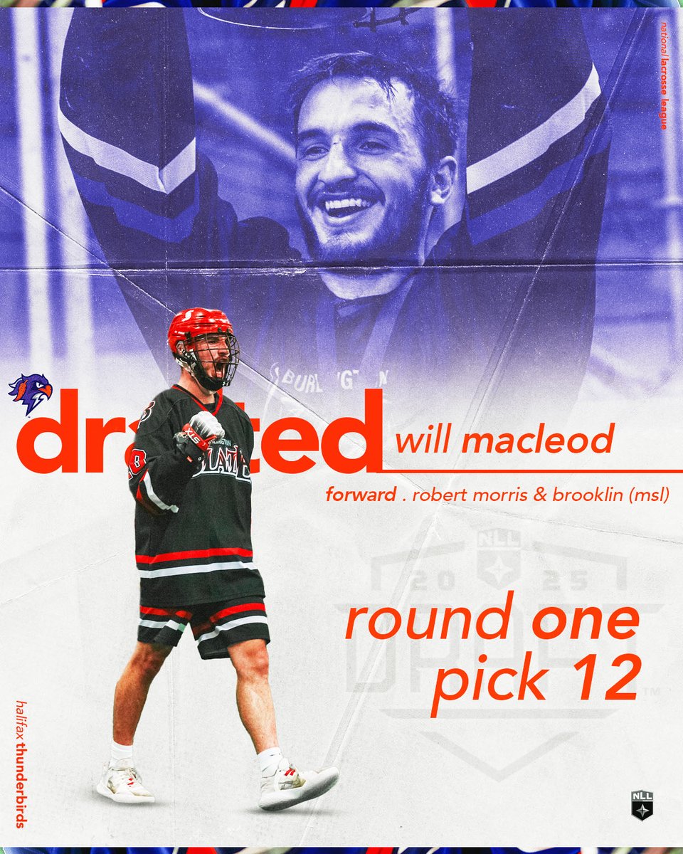 HFXThunderbirds's tweet image. More Firepower Up Front 💥
With the 12th Overall pick in the 2025 NLL Draft, we have selected Forward Will MacLeod from Robert Morris & the Brooklin Lacrosse Club
Welcome to The Nest, Will ⚡️