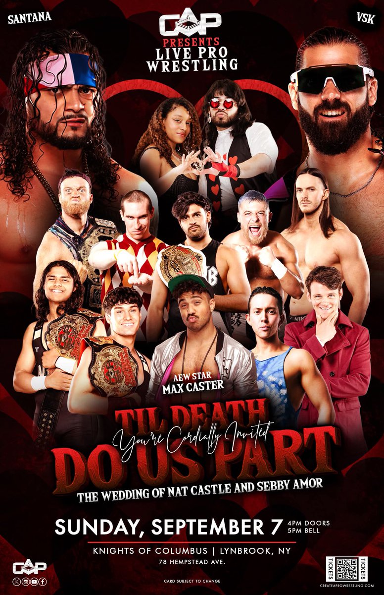 🚨TOMORROW🚨

Create A Pro Wrestling returns to Lynbrook, NY on 9/7 for #CAPTillDeathDoUsPart 

Featuring:
• <a href="/Santana_Proud/">Mike SANTANA🇵🇷</a> 
• <a href="/PlatinumMax/">''Platinum'' Max Caster</a> 
• <a href="/TheBobbyOrlando/">Bobby Orlando</a> 
• <a href="/BryceDShook/">Bryce Donovan</a> 
• The Wedding of <a href="/sebbyamor/">Sebastian Amor</a> &amp; <a href="/Nat_Castle_/">𝙉𝙖𝙩.𝘾𝙖𝙨𝙩</a> 
and MORE!

🎟GET YOUR TICKETS NOW🎟