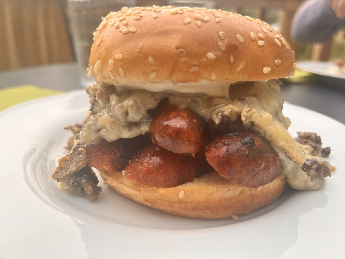 A thing of beauty, two ‘Rothbury Fire’ sausages, haggis, (from <a href="/rothburybutcher/">Morris Adamson</a> ), stilton, portobello mushroom, and truffle mayo in a sesame seed brioche bun.
