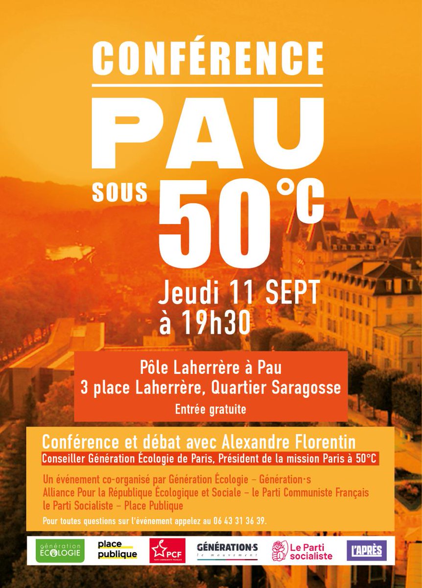 📢📢📢 
C'est jeudi prochain
11 septembre à 19h30 
Au pole Laherrère à Pau 

Nous recevons Alexandre Florentin pour échanger sur comment vivre dans une ville sous 50 degrés et quelles politiques municipales mettre en œuvre pour affronter ces changements majeurs dans nos vies.
