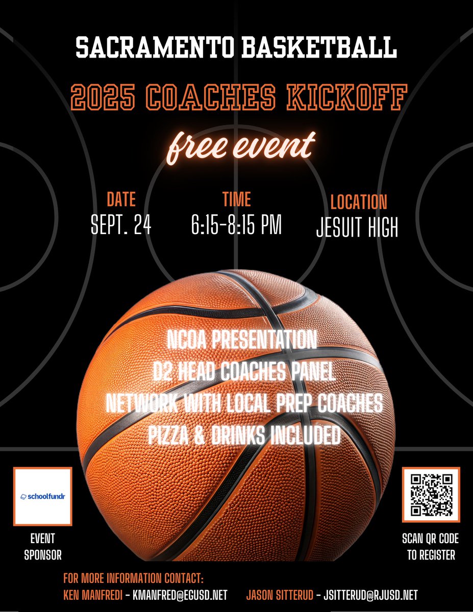 Sac 🏀 Coaches Kickoff 
Sept 24 | 6:15–8:15 PM
Jesuit High School

The event features a panel of D2 coaches sharing info on player development and recruiting.  Come connect with local coaches and get ready for the upcoming season!