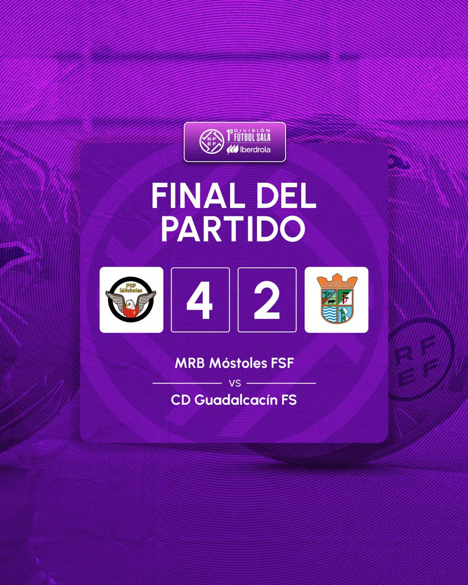 𝗝𝗼𝗿𝗻𝗮𝗱𝗮 𝟭 | ¡Final del partido! 

🔚 <a href="/FSFMostoles/">MRB MÓSTOLES FSF</a> 4-2 <a href="/GuadaFSF/">Guadalcacin FSF</a> 

⚽ 1-0 Montufo.
⚽ 2-0 Claudia Gómez.
⚽ 3-0 Claudia Gómez.
⚽ 3-1 Irene García (P.P.).
⚽ 3-2 Ame Romero.
⚽4-2 Benete.

#PrimeraIberdrolaFS | #MóstolesGuadalcacín