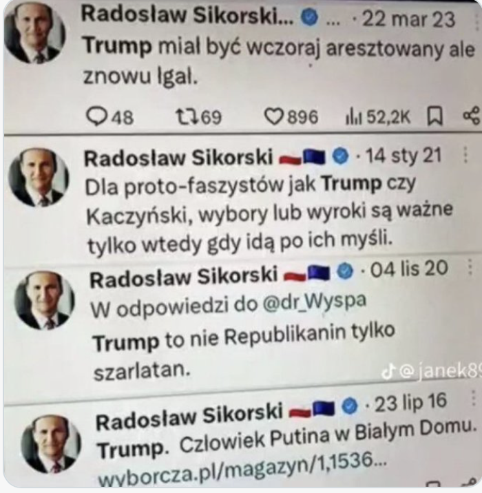 sjastrzebowski's tweet photo. A tak serio, czy ktoś z Państwa wie dlaczego Trump nie chce się spotkać z Sikorskim? Są jakieś powody?😎 https://t.co/QseFPuUSCI