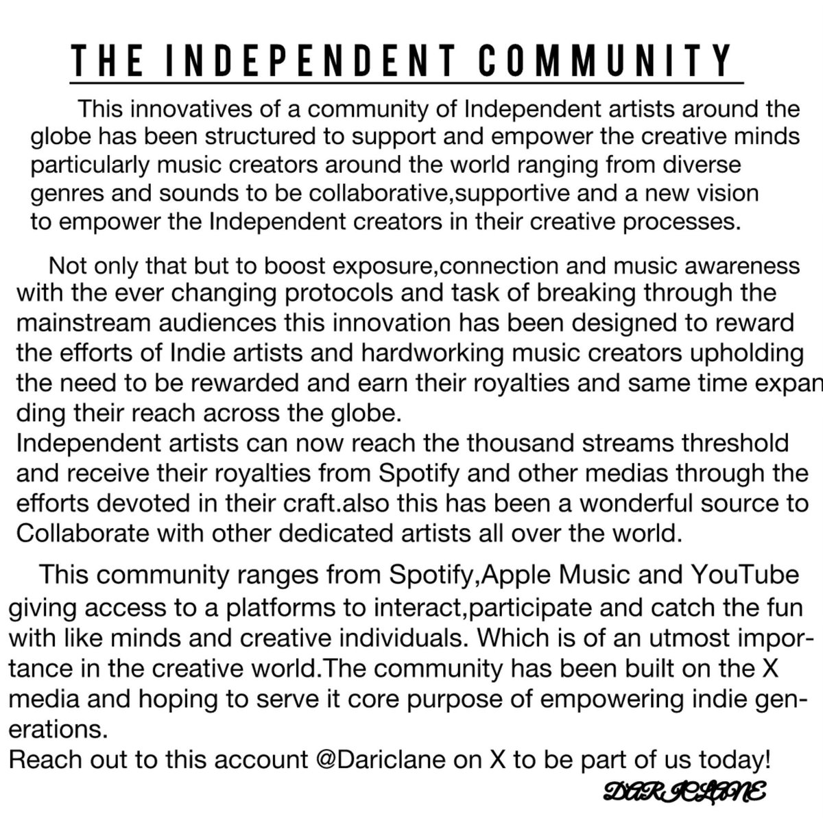 Hello independent artists, come join us in the free global indie community and grow with strong and a dedicated team.
Drop your Apple Music,Spotify and YouTube links,also follow our page so I can contact you, bless!